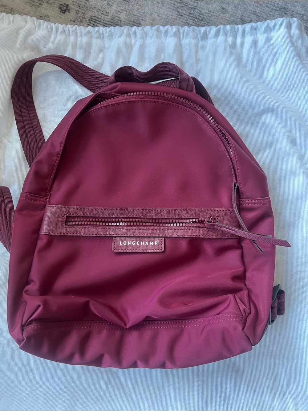 Longchamp Small Burgundy Nylon Backpack with Front Zip Pocket